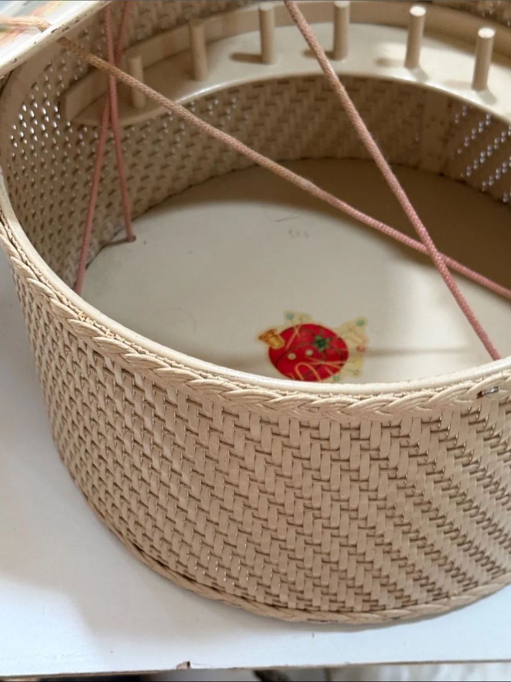 Vintage 1950’s Handcrafted Woven Sewing Basket with Cream Lid and Motif